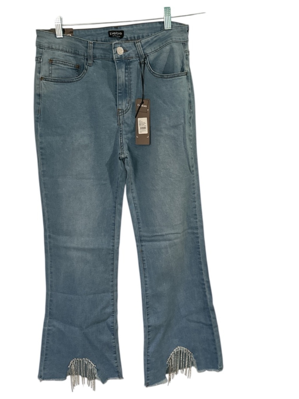 bebe Blue Embellished Hem Crop Flare Jeans